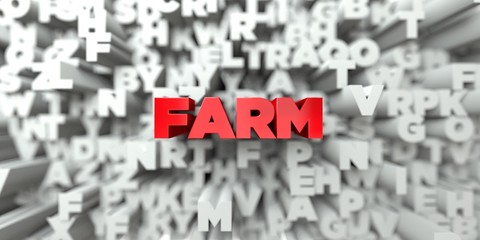 FARM -  Red text on typography background - 3D rendered royalty free stock image. This image can be used for an online website banner ad or a print postcard.