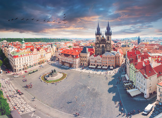 Kostel Panny Marie pred Tynem. Church of the Virgin Mary. Old Town Square in Prague with Tyn church...