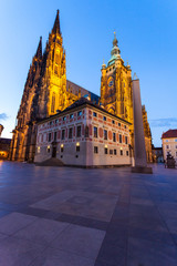 Fototapeta na wymiar St. Vitus Cathedral in the evening, Prague, Czech Republic. Facade from the patio.