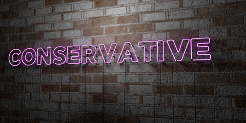 CONSERVATIVE - Glowing Neon Sign on stonework wall - 3D rendered royalty free stock illustration.  Can be used for online banner ads and direct mailers..