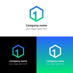One, first number in cube logo. Top square, number one, frame, premier cube 3D, forward box, leading block line primarily geometry shape vector logo template. Gradient color symbol, icon sign, emblem.