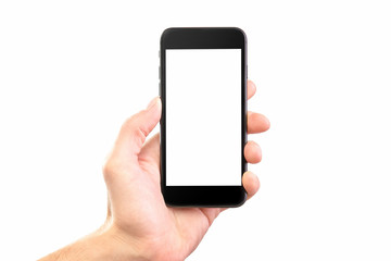 Male hand holding black cellphone isolated at white background.