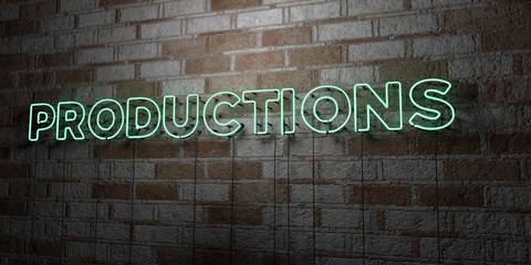 PRODUCTIONS - Glowing Neon Sign on stonework wall - 3D rendered royalty free stock illustration.  Can be used for online banner ads and direct mailers..