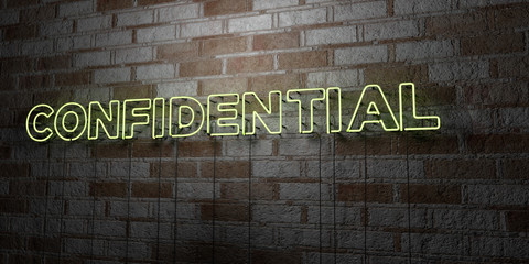 CONFIDENTIAL - Glowing Neon Sign on stonework wall - 3D rendered royalty free stock illustration.  Can be used for online banner ads and direct mailers..