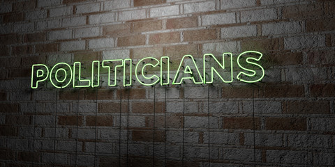 POLITICIANS - Glowing Neon Sign on stonework wall - 3D rendered royalty free stock illustration.  Can be used for online banner ads and direct mailers..