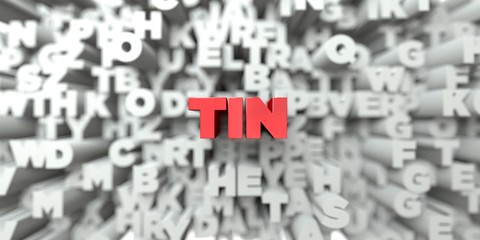 TIN -  Red text on typography background - 3D rendered royalty free stock image. This image can be used for an online website banner ad or a print postcard.