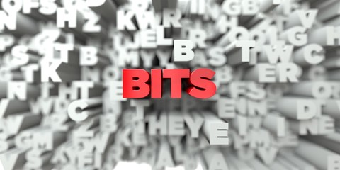 BITS -  Red text on typography background - 3D rendered royalty free stock image. This image can be used for an online website banner ad or a print postcard.
