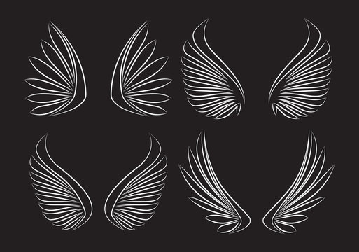 Set of four piar outlined stroke vector wings on black backgroun