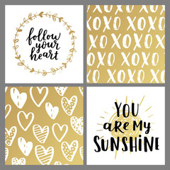 Set of greeting cards for Valentine's Day. Vector collection with brush lettering and hand written elements. White and gold color labels for your design and invitation.