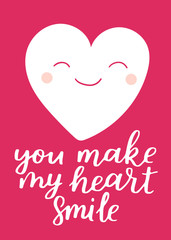 Greeting poster for Valentine's Day. Vector card with brush lettering and hand written elements. Pink and white color label for your design and invitation.