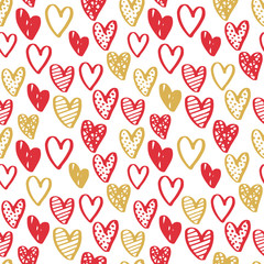 Materiał do szycia Valentine's day seamless pattern with cute doodle hearts. Red and gold ink on white isolated background. Vector ornamental design for textile and wrapping paper.