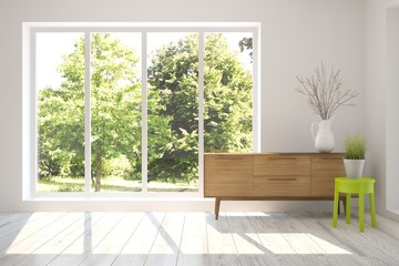 Fototapeta premium White room with shelf and green landscape in window. Scandinavian interior design