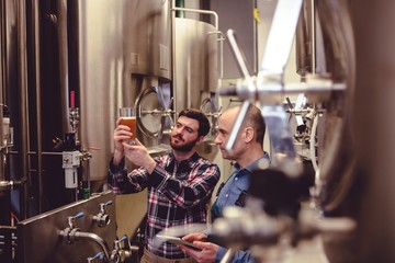 Owner and worker examining beer in glass - Powered by Adobe