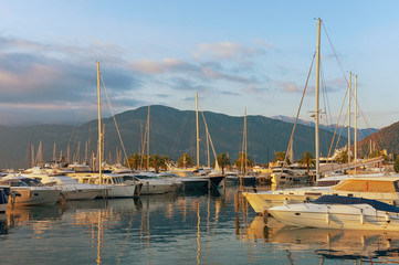 Fototapeta premium View of the port in Tivat city before the sunset. Montenegro