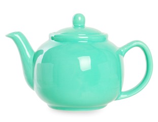 Turquoise teapot on a white background.