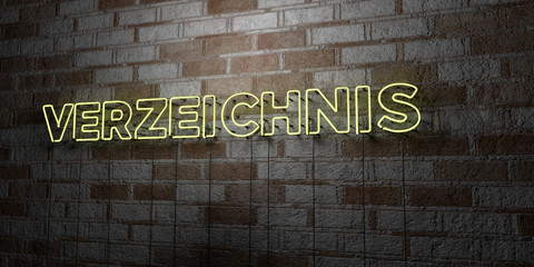 VERZEICHNIS - Glowing Neon Sign on stonework wall - 3D rendered royalty free stock illustration.  Can be used for online banner ads and direct mailers..