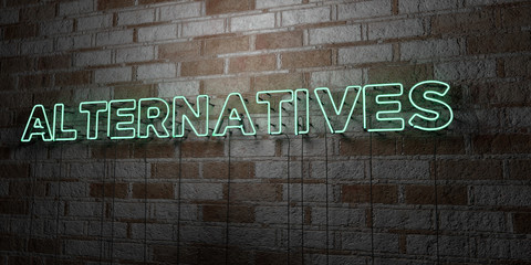 ALTERNATIVES - Glowing Neon Sign on stonework wall - 3D rendered royalty free stock illustration.  Can be used for online banner ads and direct mailers..