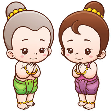 Vector Illustration Of Cartoon Thai Kids, Sawasdee