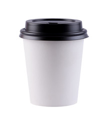 White paper coffee cup with black top. Isolated on white backgro