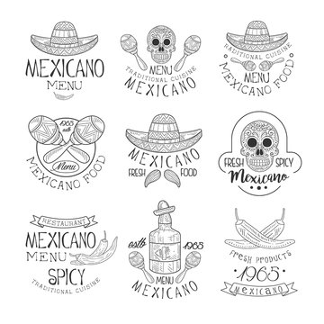 National Traditional Mexican Cuisine Restaurant Hand Drawn Black And White Sign Design Template Collection With Cultural Symbols Of Mexico