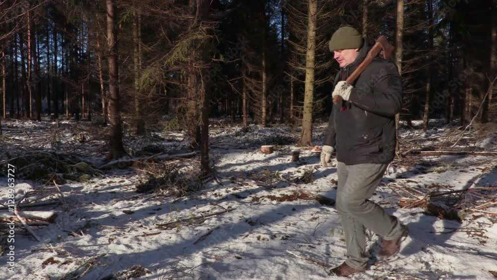 Sticker lumberjack with ax walking in destroyed forest