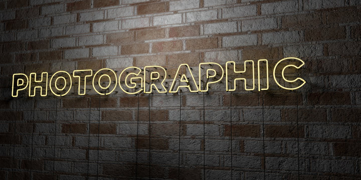 PHOTOGRAPHIC - Glowing Neon Sign on stonework wall - 3D rendered royalty free stock illustration.  Can be used for online banner ads and direct mailers..