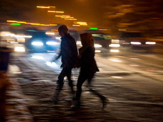 Busy city street people on zebra crossing