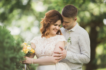 Beautiful romantic wedding couple of newlyweds hugging in park on sunset