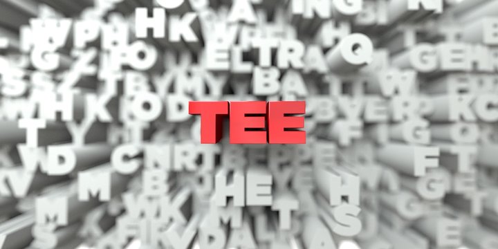 TEE -  Red text on typography background - 3D rendered royalty free stock image. This image can be used for an online website banner ad or a print postcard.