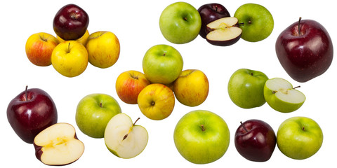 Much fruit Green and red apple and a half close-up view on white background, isolated