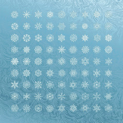 White snowflakes icon on blue background.
