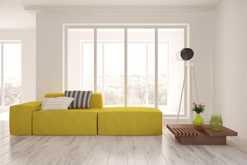 Fototapeta premium White room with sofa and urban landscape in window. Scandinavian interior design