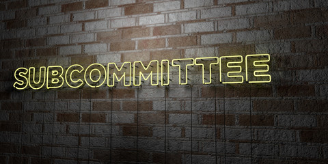 SUBCOMMITTEE - Glowing Neon Sign on stonework wall - 3D rendered royalty free stock illustration.  Can be used for online banner ads and direct mailers..