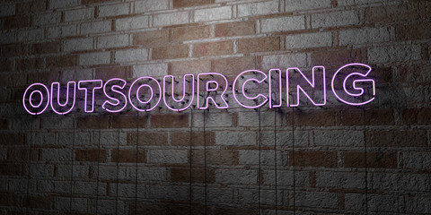 OUTSOURCING - Glowing Neon Sign on stonework wall - 3D rendered royalty free stock illustration.  Can be used for online banner ads and direct mailers..