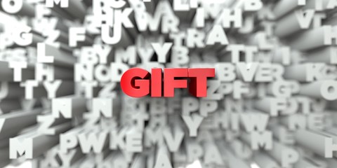 GIFT -  Red text on typography background - 3D rendered royalty free stock image. This image can be used for an online website banner ad or a print postcard.
