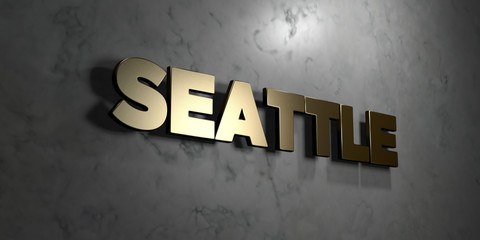 Seattle - Gold sign mounted on glossy marble wall  - 3D rendered royalty free stock illustration. This image can be used for an online website banner ad or a print postcard.