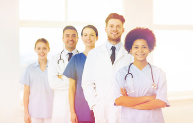 group of happy doctors at hospital