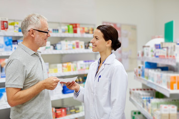 Fototapeta na wymiar senior man giving prescription to pharmacist