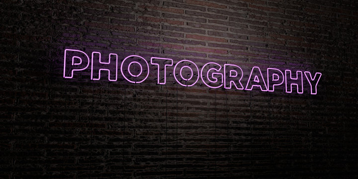 PHOTOGRAPHY -Realistic Neon Sign on Brick Wall background - 3D rendered royalty free stock image. Can be used for online banner ads and direct mailers..