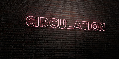 CIRCULATION -Realistic Neon Sign on Brick Wall background - 3D rendered royalty free stock image. Can be used for online banner ads and direct mailers..