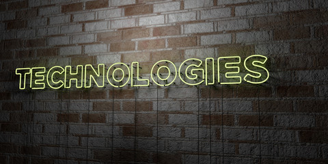 TECHNOLOGIES - Glowing Neon Sign on stonework wall - 3D rendered royalty free stock illustration.  Can be used for online banner ads and direct mailers..
