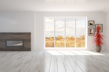 White empty room with autumn landscape in window. Scandinavian interior design