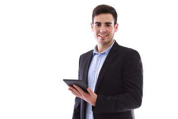 young man with tablet isolated on white