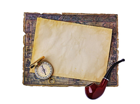 Nautical objects: ancient map, smoking pipe and compass