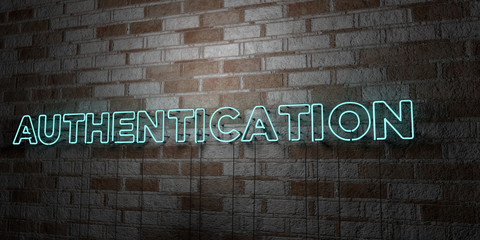 AUTHENTICATION - Glowing Neon Sign on stonework wall - 3D rendered royalty free stock illustration.  Can be used for online banner ads and direct mailers..