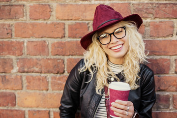 Happy woman having coffee