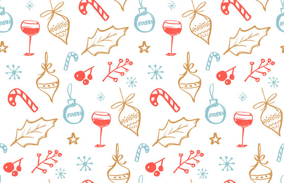 Winter holidays seamless pattern with doodle illustrations of wine glass, Christmas decorations, holly leave and candy canes. Vector hand drawn background