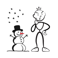 Strichmännchen Mann mit Schneemann fragend