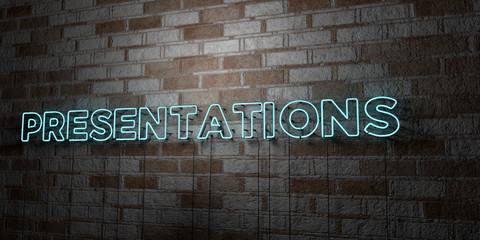 PRESENTATIONS - Glowing Neon Sign on stonework wall - 3D rendered royalty free stock illustration.  Can be used for online banner ads and direct mailers..