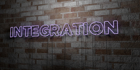 INTEGRATION - Glowing Neon Sign on stonework wall - 3D rendered royalty free stock illustration.  Can be used for online banner ads and direct mailers..